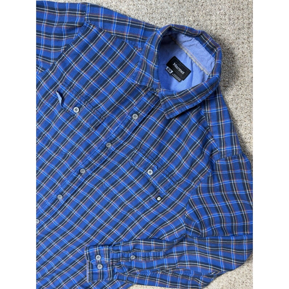 Marmot Button Up Flannel Shirt Mens Medium Blue Plaid Cotton‎ Blend Hiking